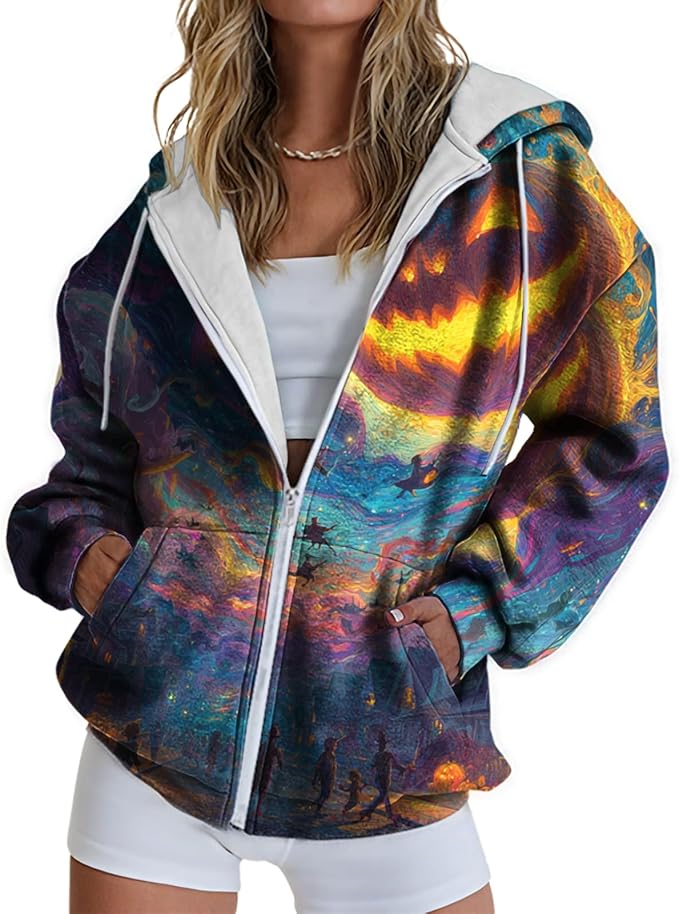 domirica Halloween Hoodie Lightweight Zip Hoodies For Women Fall Casual Vintage Sweatshirt Casual Wear Fashion Outfits