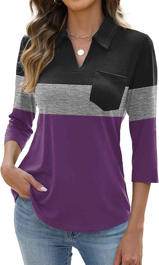 AKEWEI Womens 3/4 Length Sleeve Tops V Neck Casual Basic Tees Work Polo Shirts Collared Summer Top with Front Pocket