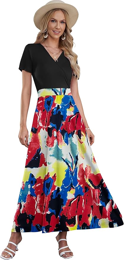 AUSELILY Maxi Dresses for Women Ankle Length Floral Print Beach Long Flowy Dress with Pockets