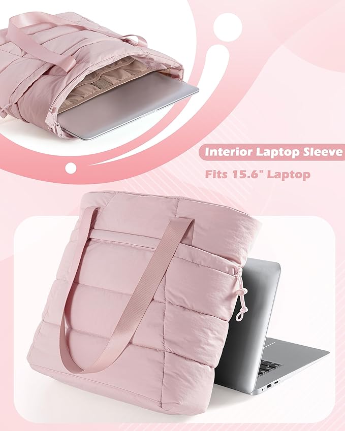 Puffer Tote Bag for Women, Lightweight Tote Bag for Work and School, Pink