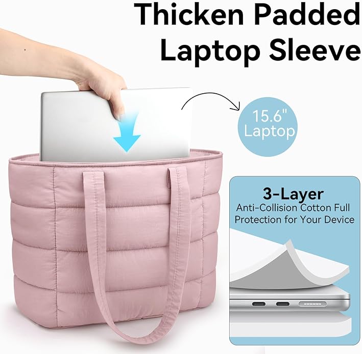 Puffer Tote Bag for Women, Lightweight Puffy Shoulder Bag with Handbag for Travel, Work, Gym, Laptop Bag for Nurse Teacher