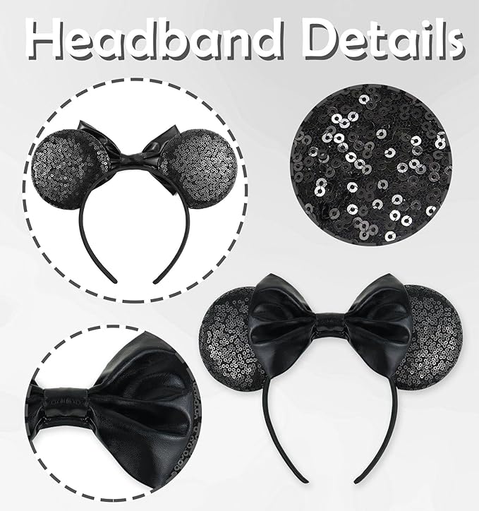 LIHELEI Halloween Black Mouse Ears Headband, Sequin Mouse Ears Headbands for Halloween Costume Party, Hair Accessories for Women -Black Sequin