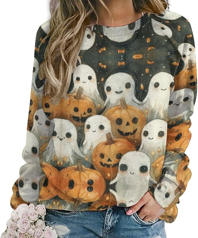 Spatofa Womens novelty funny cat printed crewneck sweatshirt casual loose long sleeve graphic pullover sweatshirts tops