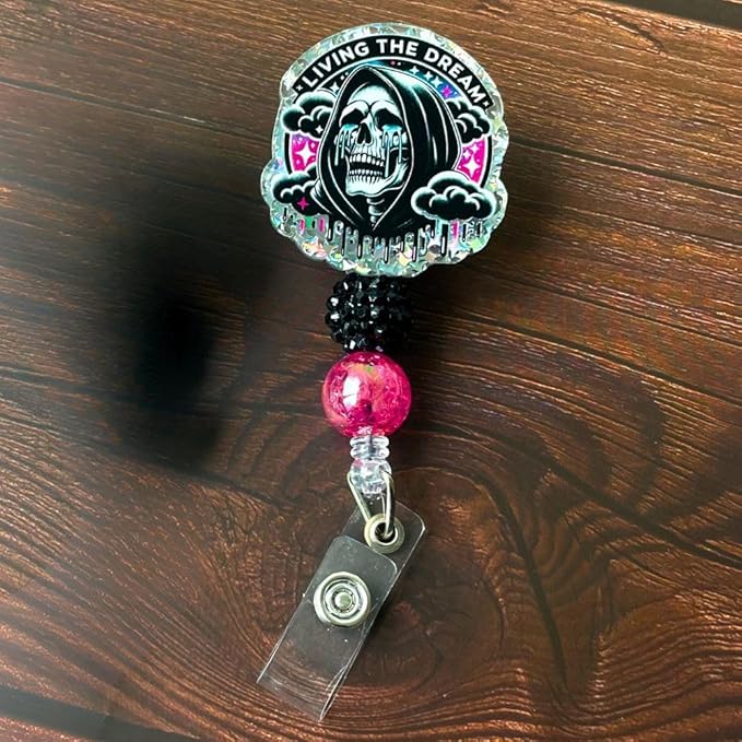Living The Dream Funny Halloween Badge Reel Retractable ID Name Holder Clip Fun Spooky Ghost Skull Grim Reaper Radiology Skeleton Sarcastic ER Tech RN CNA MA Life Nurse Nursing Gifts Accessories