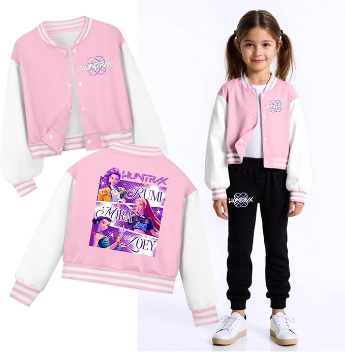 K PopGirls Kpop Tracksuit Cute Cartoon Print Baseball Coats Fashion Long Sleeve Jackets and Pants Christmas Costume Set