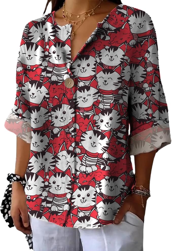 Long Sleeve Shirts for Women V Neck Button Boho Graphic Blouses Casual Collared Fashion Summer Flowing Tops