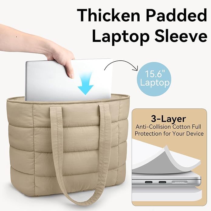 Puffer Tote Bag for Women, Lightweight Puffy Shoulder Bag with Handbag for Travel, Work, Gym, Laptop Bag for Nurse Teacher