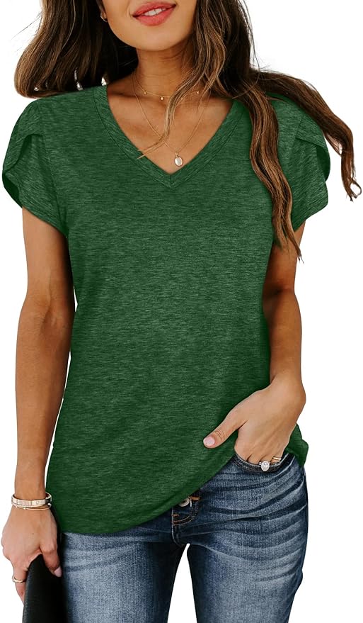 WIHOLL Womens Tops V Neck Summer Petal Sleeve Casual Tshirts