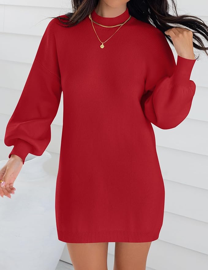 ZESICA Women's 2026 Fall Turtleneck Sweater Dress Oversized Long Lantern Sleeve Casual Knit Pullover Mini Dresses