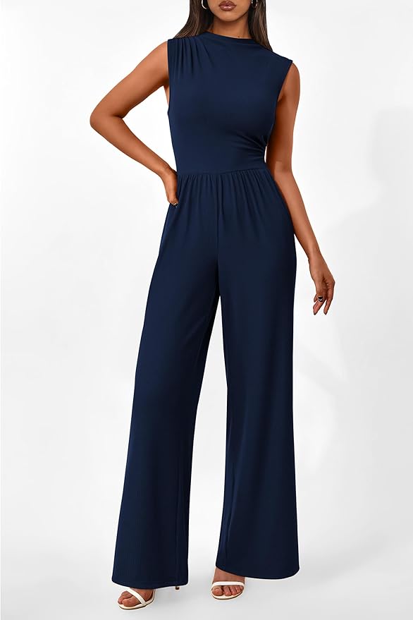 PRETTYGARDEN Womens Summer Jumpsuits Dressy Casual One Piece Outfits Sleeveless Mock Neck Wide Leg Pants Rompers with Pockets
