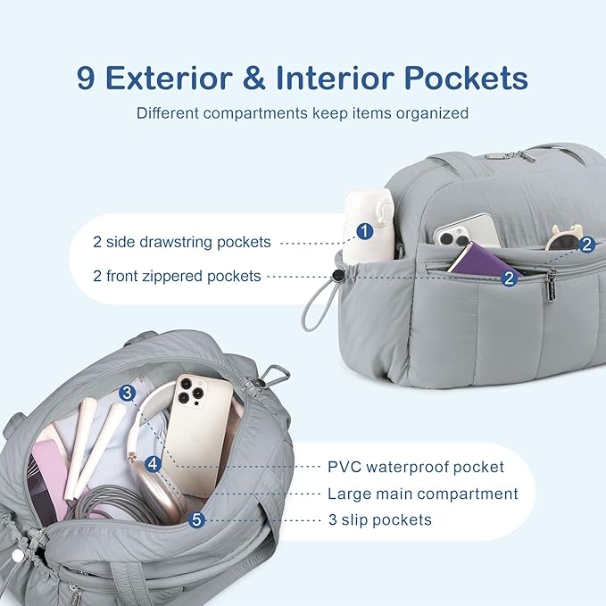 TOPDesign Travel Duffel Bag for Women, Puffer Gym Bag Sports Tote with Wet Pocket, Carry On Weekender with Luggage Sleeve (Light Grey)