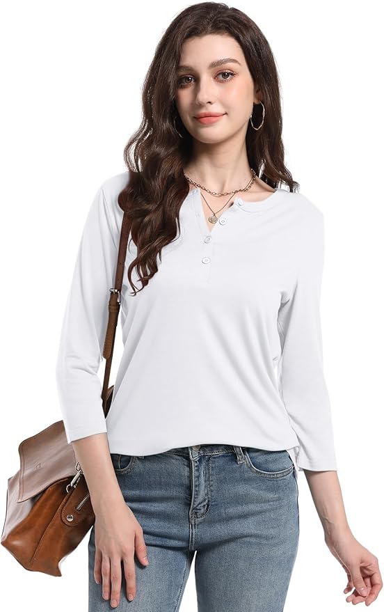 PGANDS Women's 3/4 Length Sleeve T Shirts Button Down Scoop Neck Casual Tops