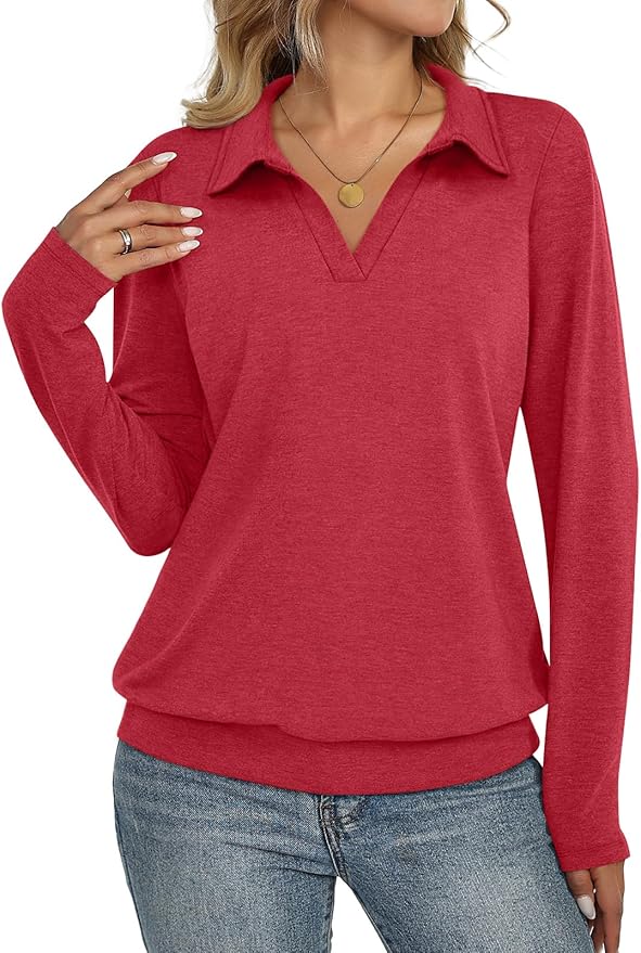 Womens Polo Shirts Long Sleeve Banded Bottom Tops Business Casual Tops Collared V Neck Blouses