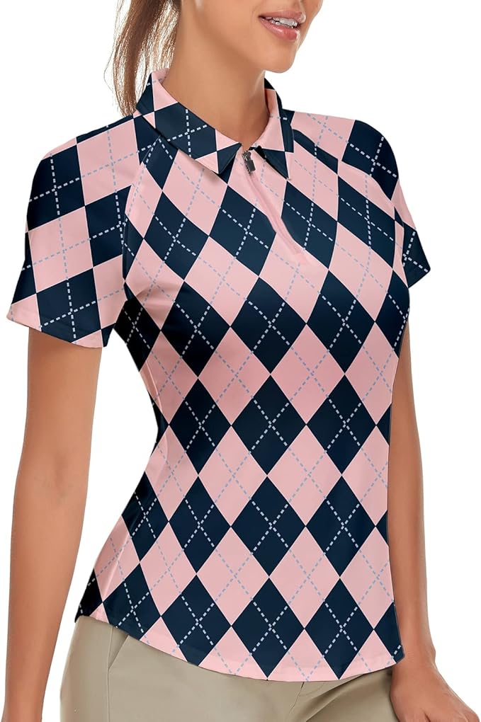Women's Golf Shirt Short Sleeve Tennis Shirt Quarter Zip Golf Pullover Golf Polo Shirts Argyle Tops