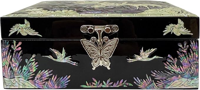 Nacreh Mother of Pearl Korea Traditional Crane Jewelry Ring Necklace Trinket Wooden chest Box - Inlay with Sea Shell Gifts for Women