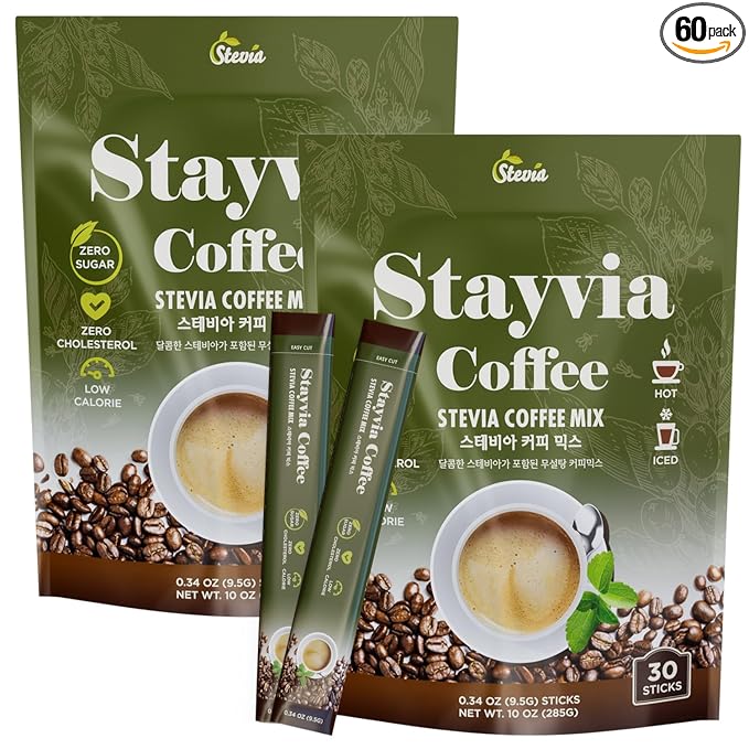 STAYVIA COFFEE Stevia Instant Coffee Packets - Korean Instant Latte with Sugar-Free & Low Calories - 60 Sticks (0.33oz) - Plant-Based Sweetener - Enjoy Caffeine Hot & Cold at Office, Home & Travel