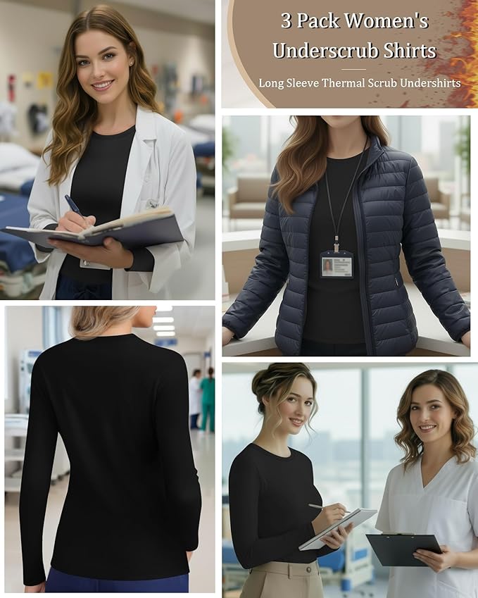 3 Pack Women's Underscrub Shirts Long Sleeve Thermal Scrub Undershirts Nurse Crew Neck Slim Fit Fleece Top Basic Tee