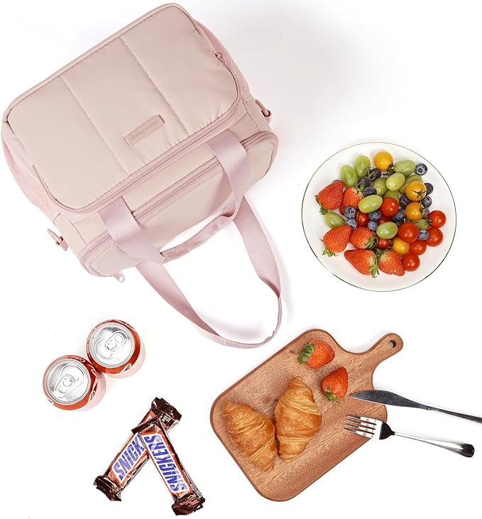 NISHEL Lunch Bag for Women, Insulated Leakproof Cooler Case with Detachable Shoulder Strap & Multiple Pocket, Easy-Clean PEVA Lining, Puffy Design for Work，Pink