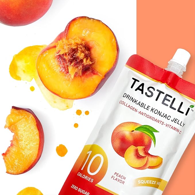 Tastelli Konjac Jelly Infused with Collagen & Vitamin C | Gluten Free, Sugar Free, Low Calorie | Vegan Drinkable Fruit Jelly Snack | Peach | 150mL x 10 Pouches