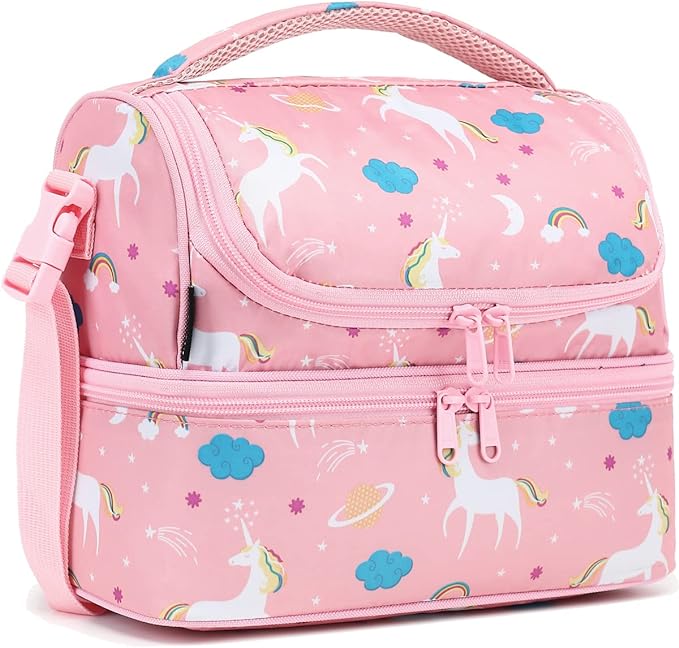 FlowFly Kids Double Decker Cooler Insulated Lunch Bag Large Tote for Boys, Girls, Men, Women, With Adjustable Strap, Unicorn