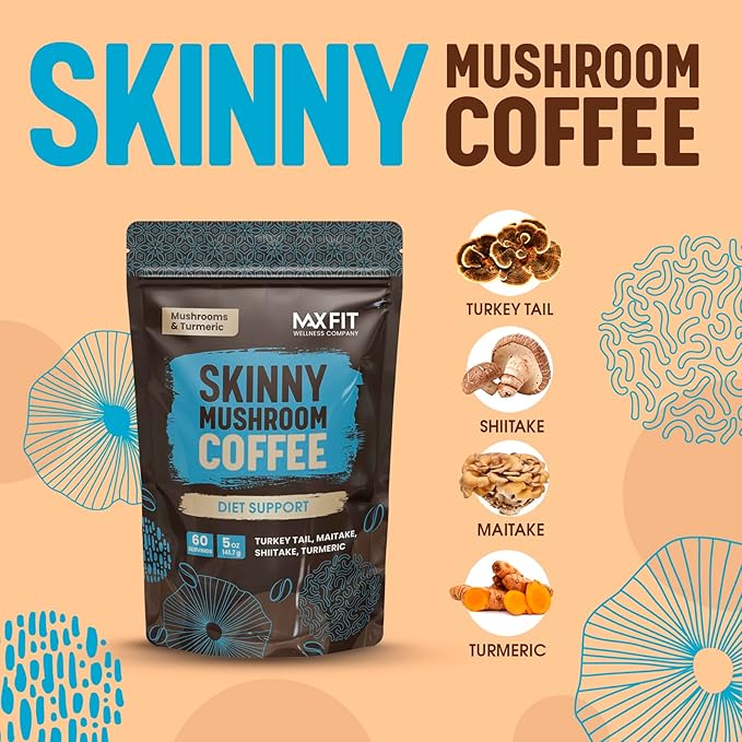 Skinny Instant Mushroom Coffee (60 Servings) Mental Focus Plus Diet Support - Turkey Tail, Maitake, Shiitake & Turmeric, Mixed With Gourmet 100% Arabica Medium Roast Instant Coffee