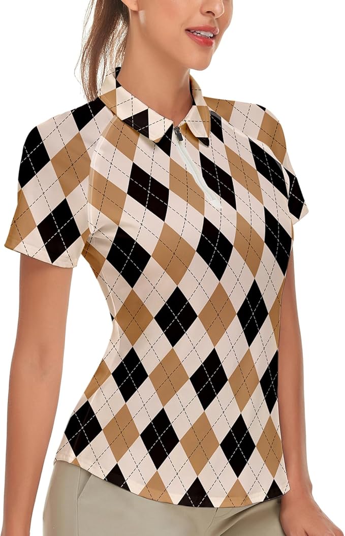 Women's Golf Shirt Short Sleeve Tennis Shirt Quarter Zip Golf Pullover Golf Polo Shirts Argyle Tops