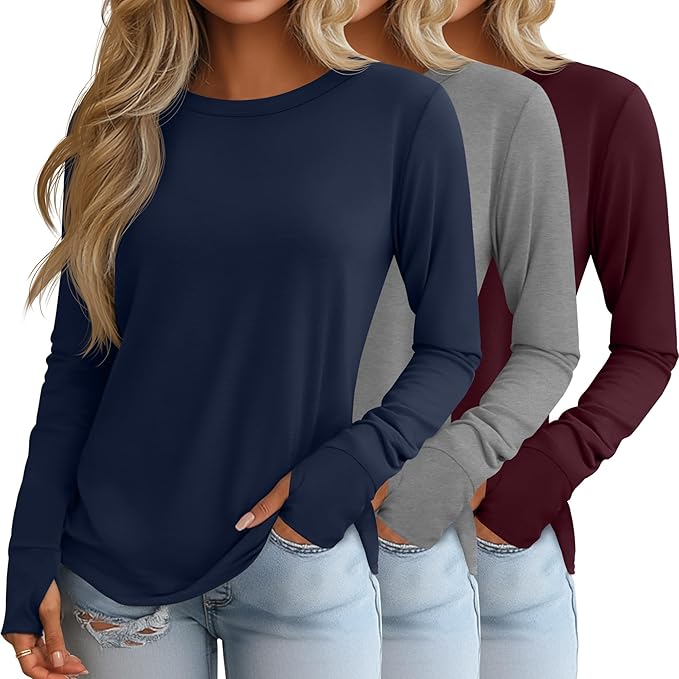 Huukeay 3 Pack Women's Long Sleeve Shirts with Thumb Holes, Cotton Casual Crew Neck Tunic Tops Fall Loose Y2k Trendy Outfits