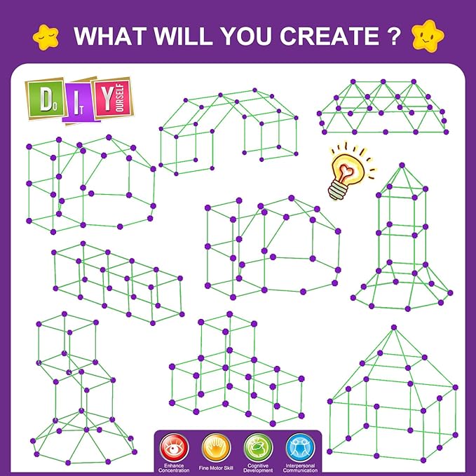 Fort Building Kit for Kids,STEM Construction Toys, Educational Gift for 3 4 5 6 7 8 9 10 11 12 Years Old Boys and Girls,Ultimate Creative Set for Indoor & Outdoors Activity,140 Pcs,Purple