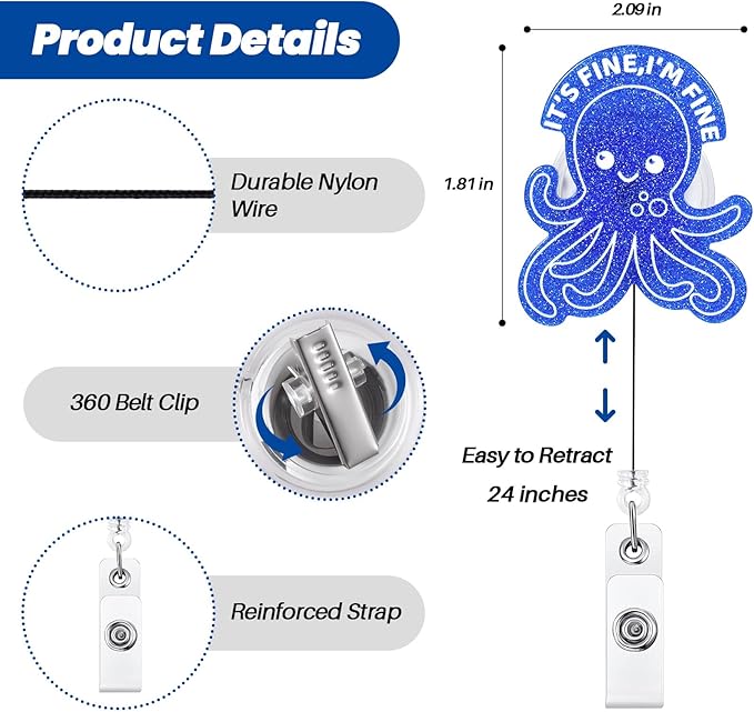 I'm FINE Funny Badge Reel, Cute Octopus Retractable ID Card Badge Holder, Name Tag Work Badge Clip for RN LPN CNA MA ER Night Shift Nurse Nursing Student OB/GYN Doctor Teacher, Nurse Gifts