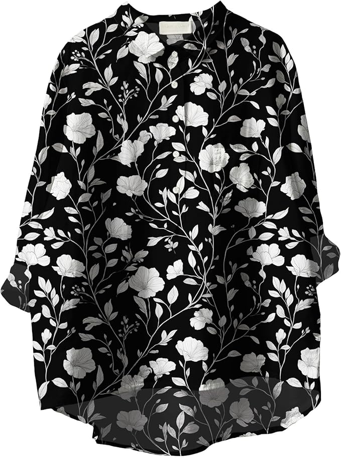 Womens Boho Tops 3/4 Long Sleeve Floral Blouses Hawaii Beach Button Down Shirts V Neck Pullover Casual Tunics