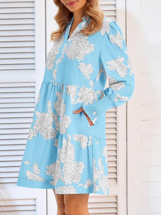 Imily Bela Womens Fall Long Sleeve Tunic Dress Casual V Neck Loose Ruffle Tiered Dress