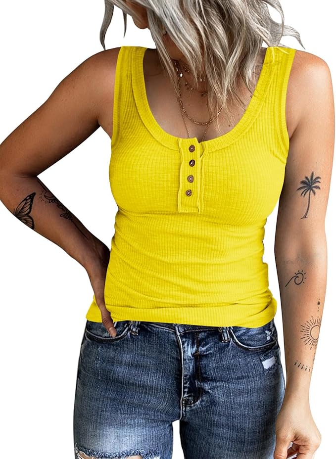 KINLONSAIR Women's Sleeveless Henley Tank Tops Ribbed V Neck Button Down T Shirts Summer Slim Fit Tee Tops