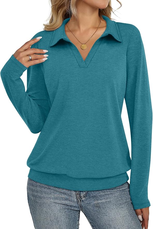 Womens Polo Shirts Long Sleeve Banded Bottom Tops Business Casual Tops Collared V Neck Blouses