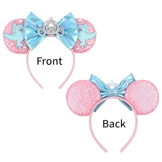 zhezesmila Mouse Ears Headband Lark Birds Ears with Sparkly Bow Princess Crown Head Bands for Women Hairs Accessories for Birthday Party Theme Park