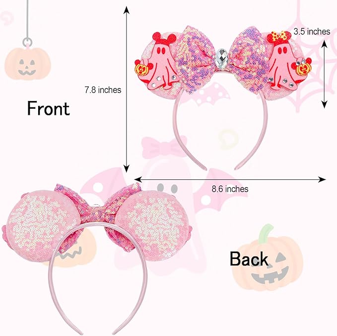 ETLUK Halloween Ears Headband - Pink Sequin Bow with Ghost & Pumpkin for Women Girls, Halloween Mouse Ears Accessories for Party Cosplay Costume