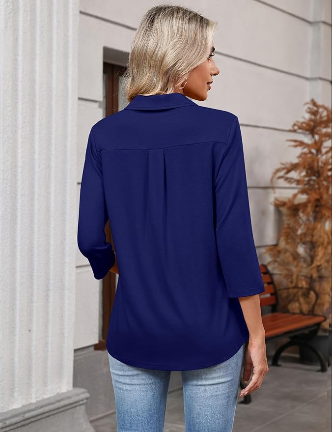 LOMON 3/4 Length Sleeve Womens Tops 2026 Spring Summer Collared Polo Shirts V Neck Casual Basic Polos Tees Shirt