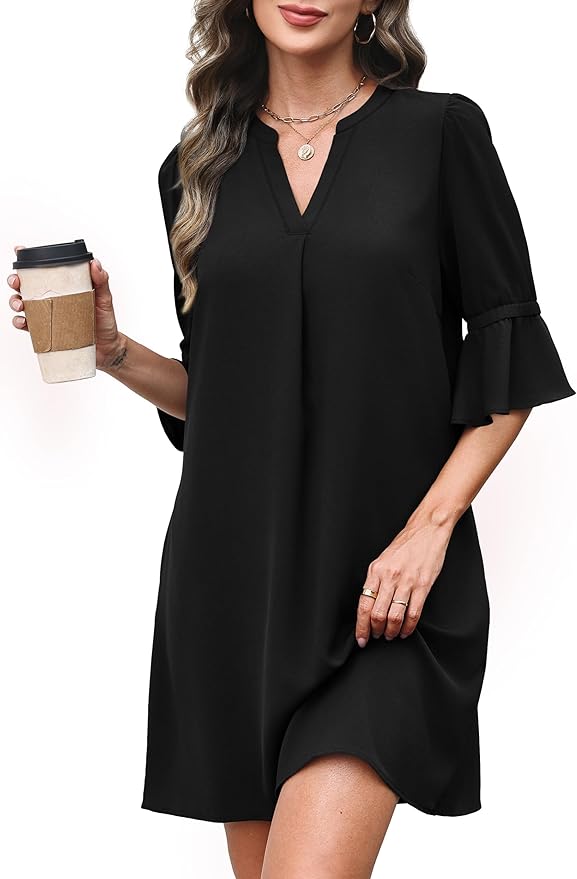 RUMIA Shift Dress for Women V Neck Ruffle Short Sleeve Loose Casual Summer Dress