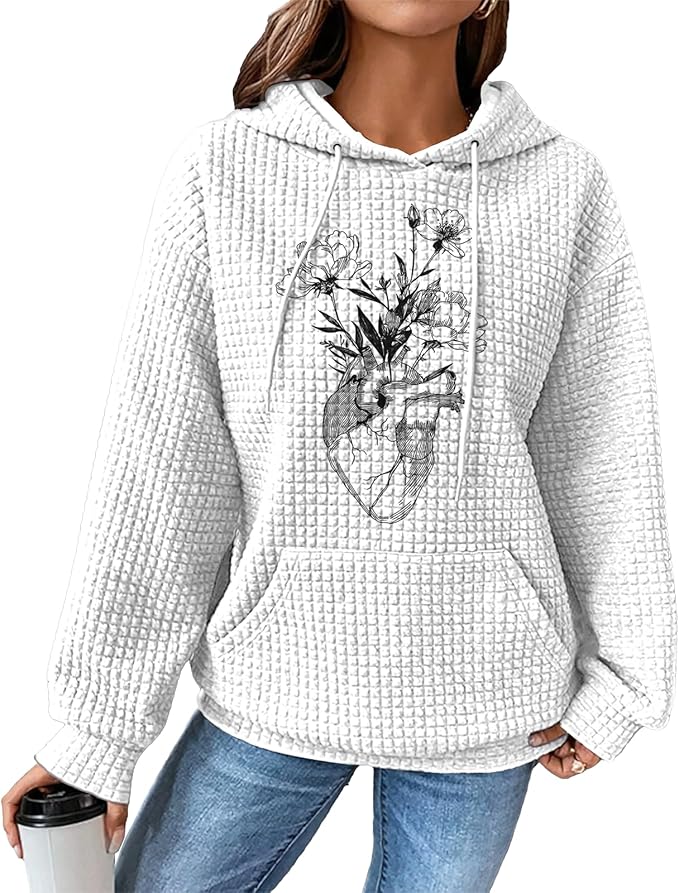 domirica Pullover Sweatshirts For Women Drawstring Long Sleeve Waffle Sweatshirt With Pocket Vintage Street Wear Qutfits