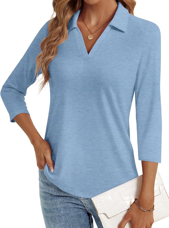 3/4 Length Sleeve Womens Tops Dressy Casual V Neck Polo Shirts Business Work Blouses 2025 Trendy Tunic Top
