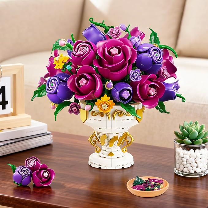 PLAXSOON Purple Rose Flower Building Set with Vase, 969 PCS Botanicals Flowers Bouquet Building Block Kit, 18 Roses Bonsai Collection Home Decor, Valentine's Day Gift for Adults Women Boys Girls 12+