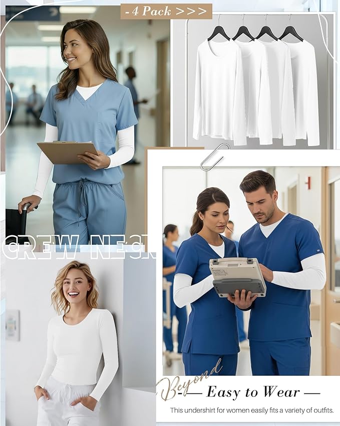 4 Pack Women's Underscrub Shirts Nurse Undershirts Long Sleeve Crewneck Slim Fit Tops Soft Stretchy Basic Tee