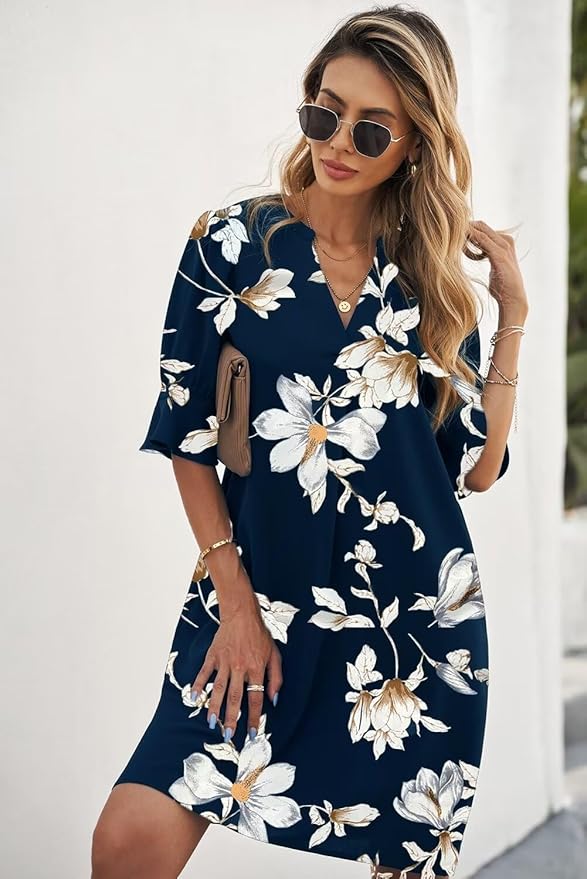 QACOHU Summer Dresses for Women V Neck Ruffle Short Sleeve Casual Shift Dress