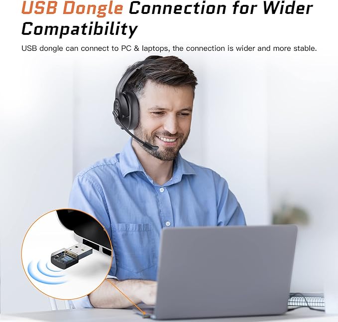 Trucker Bluetooth Headsets, Wireless Headset with AI Environmental Noise Cancelling & Mute Microphone, Up to 30H Talk Time, 164ft Wireless Range, Bluetooth Over Ear Headphones for PC, Computer, Skype