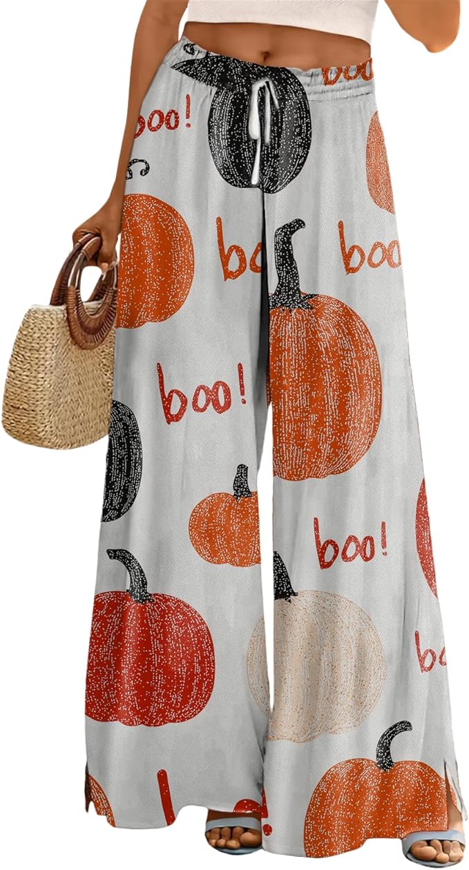 domirica Halloween Pants Women Drawstring Elastic Waist Wide Leg Pants Ladies Pumpkin Ghost Pajama Vintage Street Wear