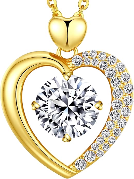 Beam & Bask Moissanite Heart Pendant Necklaces for Women, Engraved with LOVE, Sterling Silver Plated with 18K Gold, Anniversary and Birthday Jewelry for Wife, Girlfriend, Mom, or Her
