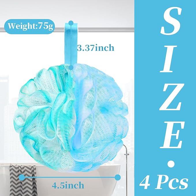BCKENEY Bath Loofah Shower Sponge Body Back Scrubber Soft Mesh Shower Puffs Exfoliating Loofa for Women & Men Bath Accessories Cleaning Tool (4Pcs 75G, Extra Large)