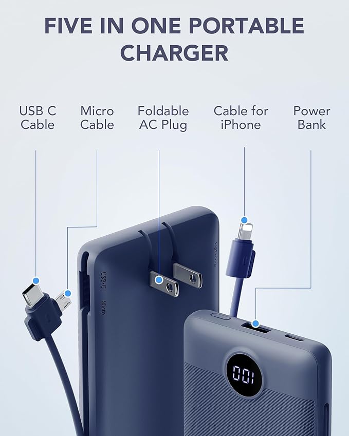 VRURC Portable Charger Built-in Cables and AC Wall Plug, USB C Power Bank 10000mAh, Travel Battery Portable Phone Charger Compact Lightweight External Battery Pack for Smart Phones, Tablets etc-Navy