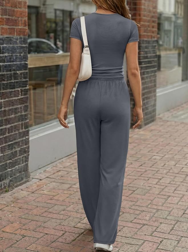 Trendy Queen Women's 2 Piece Matching Lounge Sets Summer Henley Neck Slightly Crop Top Wide Leg Pants Casual Sweat Suit