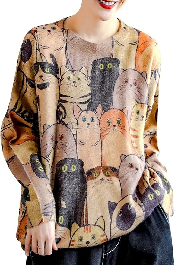 YESNO Women Christmas Sweater Graphic Printed Oversized Pullover Sweaters Casual Loose Knit Tops S01