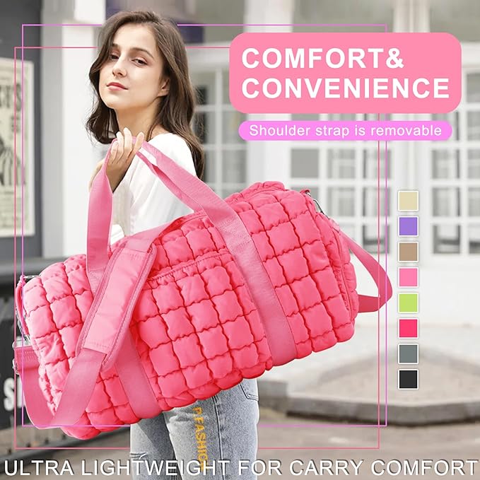 Quilted Travel Duffle Bag Gym Bag for Women,Large Puffer Duffle Weekender Bag with Compartment,Workout Overnight Carry on Organizer Bag Duffle Bag for Airplane Travel(L-Pink)